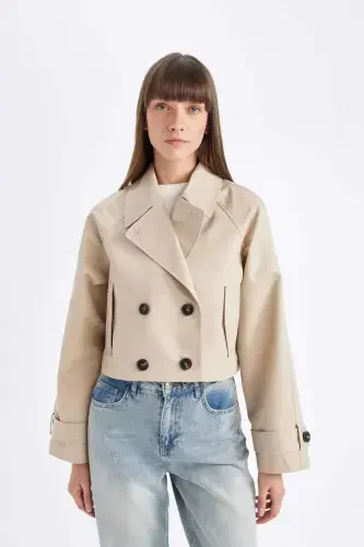 Short Trenchcoat Pattern Tuxedo Collar Buttoned Cotton - 3