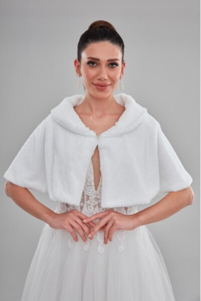 Short White Double Collar Bride Stole Fur Bolero - 1