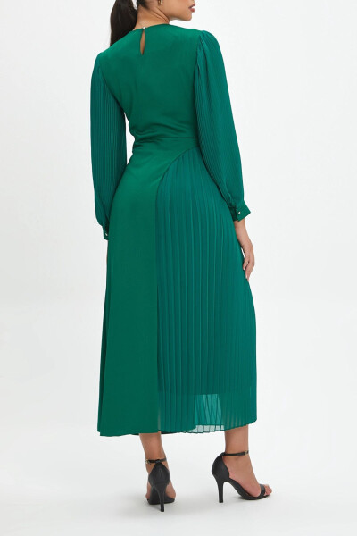 Shoulder And Waist Stone Detailed Skirt Pleated Cycling Collar Green Dress 40245 - 2