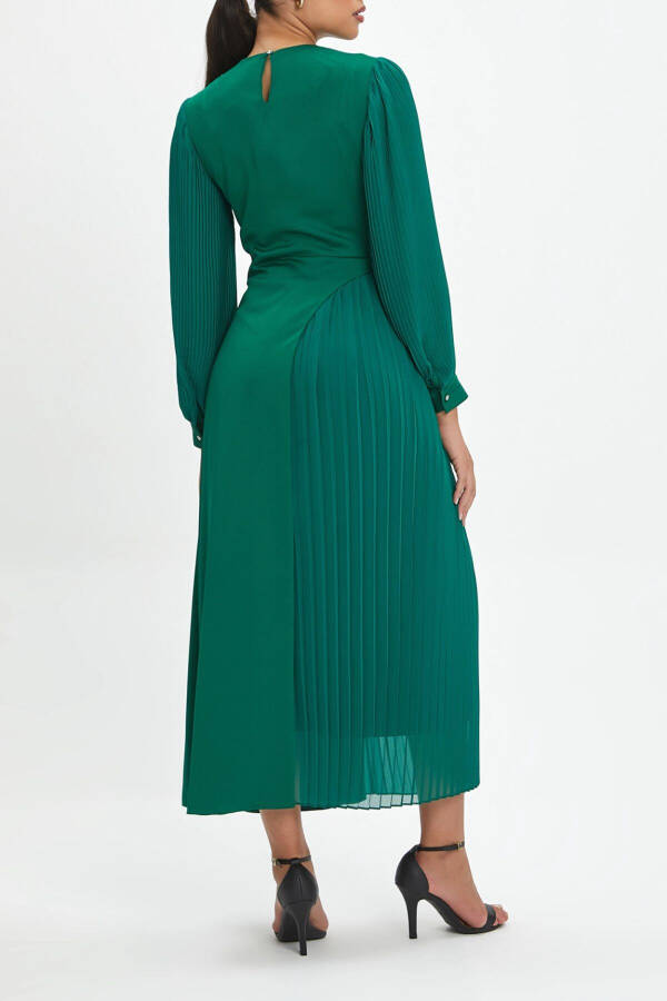Shoulder And Waist Stone Detailed Skirt Pleated Cycling Collar Green Dress 40245 - 2
