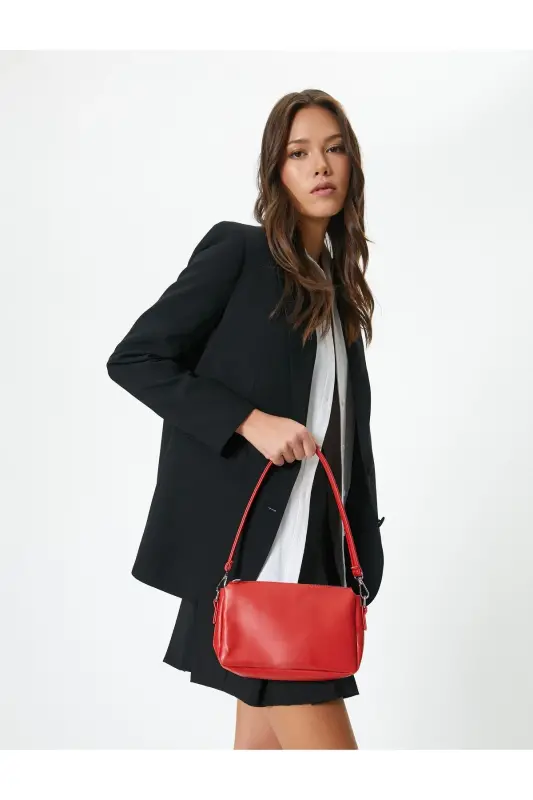 Shoulder Bag Faux Leather Zippered Strapped Geometric-Red - 1