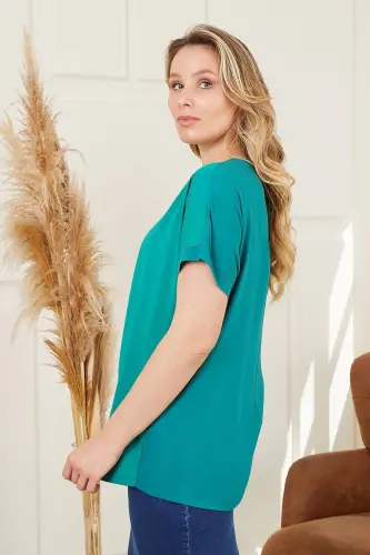 Shoulder Detailed Plus Size Green T-shirt - 3