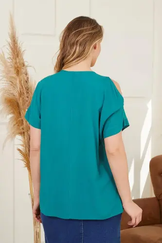 Shoulder Detailed Plus Size Green T-shirt - 4