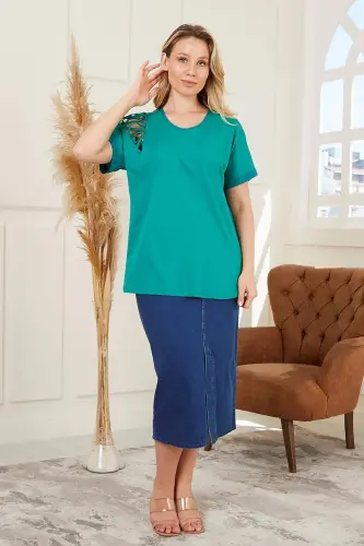 Shoulder Detailed Plus Size Green T-shirt - 5