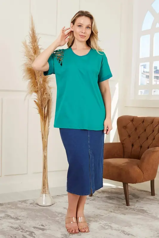 Shoulder Detailed Plus Size Green T-shirt - 5
