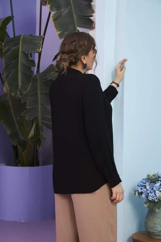 Shoulder Embroidered Plus Size Long Sleeve Black Shirt - 7