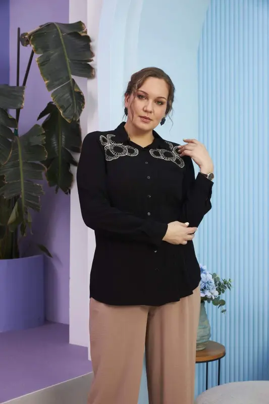 Shoulder Embroidered Plus Size Long Sleeve Black Shirt - BÜYÜKBEDENIZ