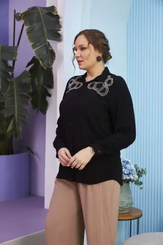 Shoulder Embroidered Plus Size Long Sleeve Black Shirt - BÜYÜKBEDENIZ (1)