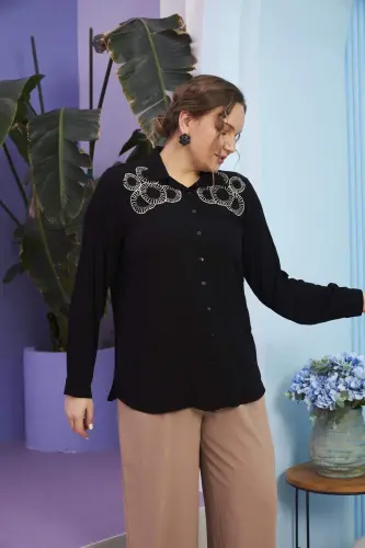Shoulder Embroidered Plus Size Long Sleeve Black Shirt - 3