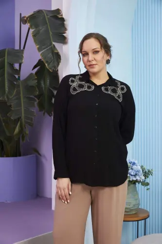 Shoulder Embroidered Plus Size Long Sleeve Black Shirt - 4