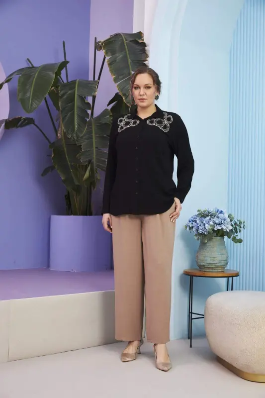 Shoulder Embroidered Plus Size Long Sleeve Black Shirt - 6