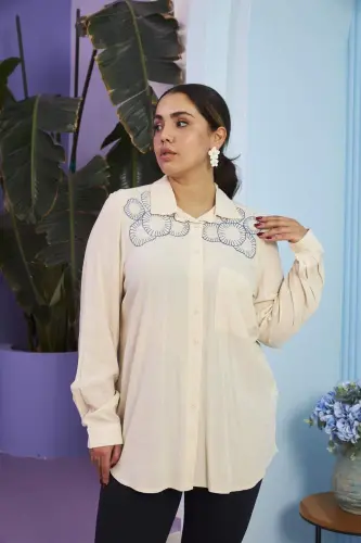 Shoulder Embroidered Plus Size Long Sleeve Cream Shirt - 1