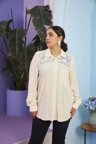 Shoulder Embroidered Plus Size Long Sleeve Cream Shirt - 9