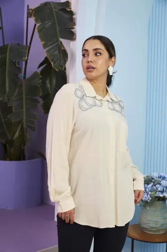 Shoulder Embroidered Plus Size Long Sleeve Cream Shirt - BÜYÜKBEDENIZ (1)