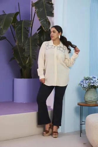 Shoulder Embroidered Plus Size Long Sleeve Cream Shirt - 6