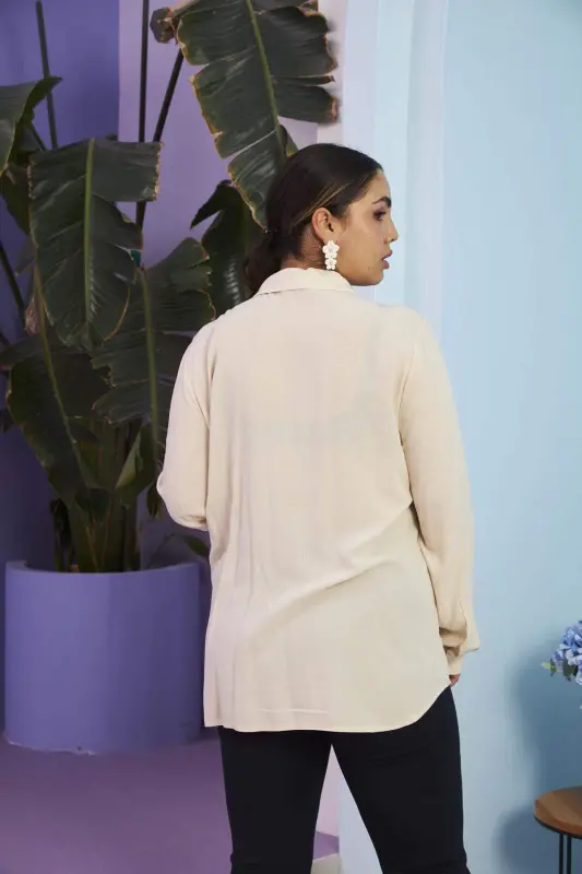 Shoulder Embroidered Plus Size Long Sleeve Cream Shirt - 4