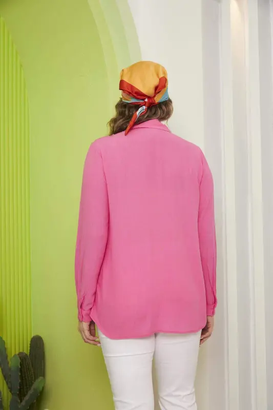 Shoulder Embroidered Plus Size Long Sleeve Fuchsia Shirt - 4