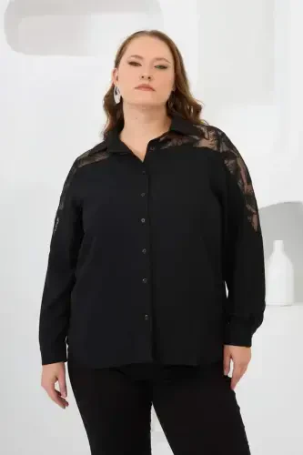 Shoulder Lace Plus Size Shirt Black - 1