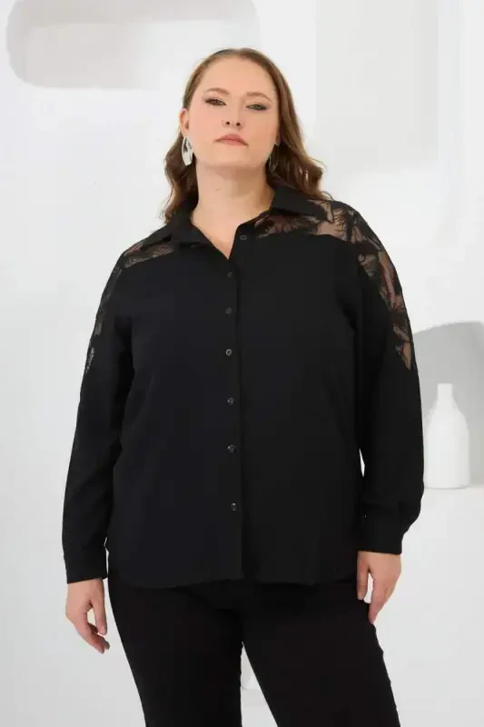 Shoulder Lace Plus Size Shirt Black - BÜYÜKBEDENIZ