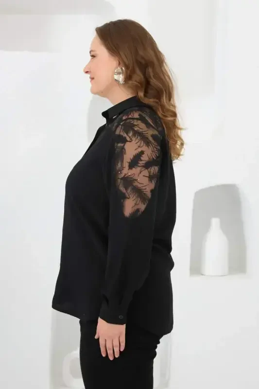 Shoulder Lace Plus Size Shirt Black - 2