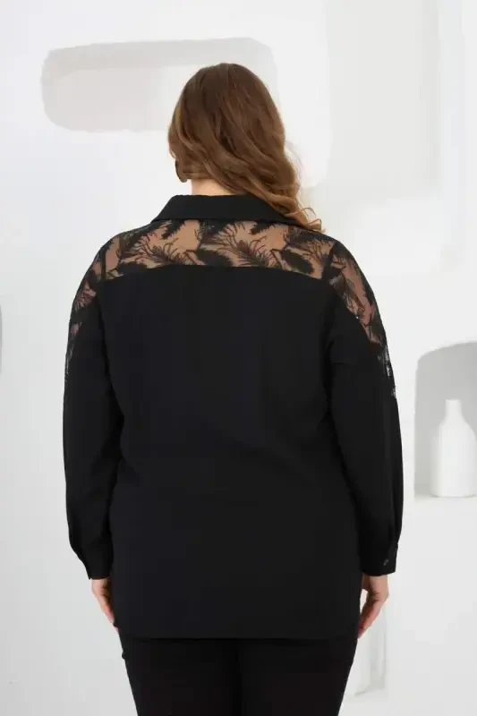 Shoulder Lace Plus Size Shirt Black - 4