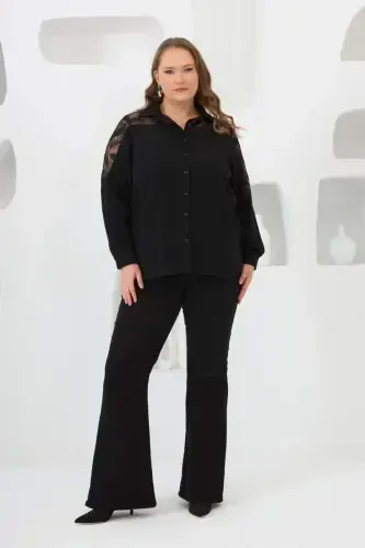 Shoulder Lace Plus Size Shirt Black - 5