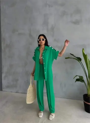 SHOULDER SHELL SEQUINED BLOUSE - PENCIL PANTS SUIT - Green - 1
