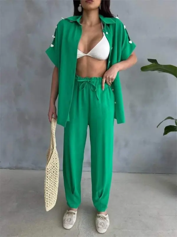SHOULDER SHELL SEQUINED BLOUSE - PENCIL PANTS SUIT - Green - 2