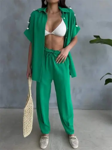 SHOULDER SHELL SEQUINED BLOUSE - PENCIL PANTS SUIT - Green - 3