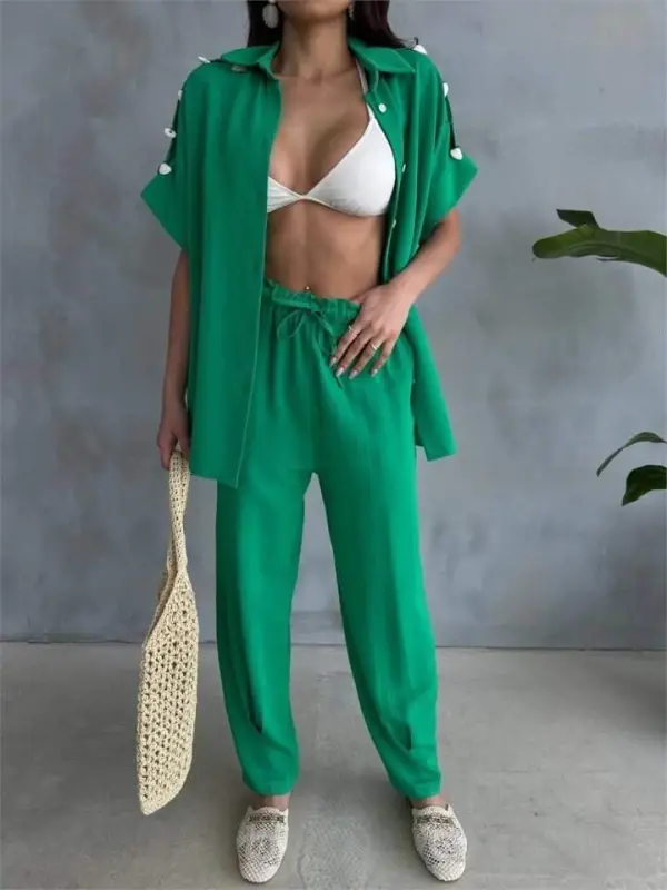 SHOULDER SHELL SEQUINED BLOUSE - PENCIL PANTS SUIT - Green - 3