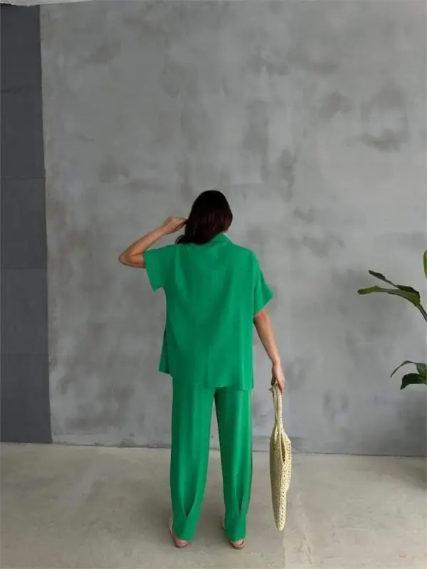 SHOULDER SHELL SEQUINED BLOUSE - PENCIL PANTS SUIT - Green - 4