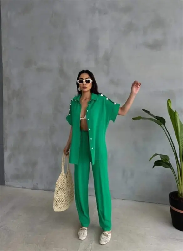 SHOULDER SHELL SEQUINED BLOUSE - PENCIL PANTS SUIT - Green - 1