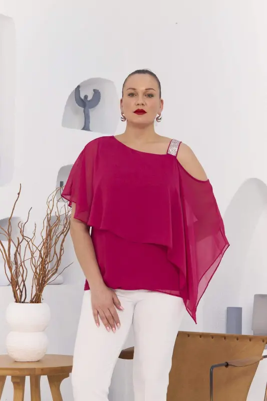 Shoulder Stone Detail Lined Chiffon Plus Size Blouse Fuchsia - 1