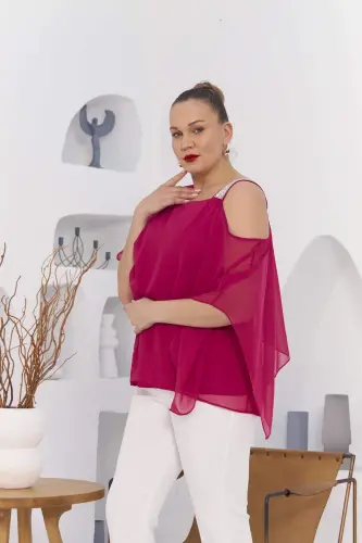 Shoulder Stone Detail Lined Chiffon Plus Size Blouse Fuchsia - BÜYÜKBEDENIZ (1)