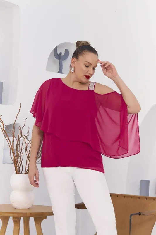 Shoulder Stone Detail Lined Chiffon Plus Size Blouse Fuchsia - 3