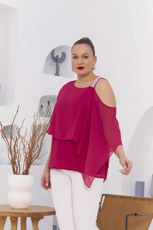 Shoulder Stone Detail Lined Chiffon Plus Size Blouse Fuchsia - 4