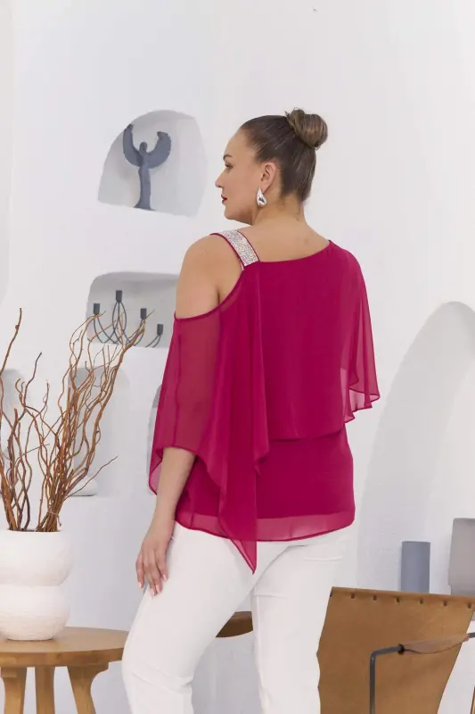 Shoulder Stone Detail Lined Chiffon Plus Size Blouse Fuchsia - 5