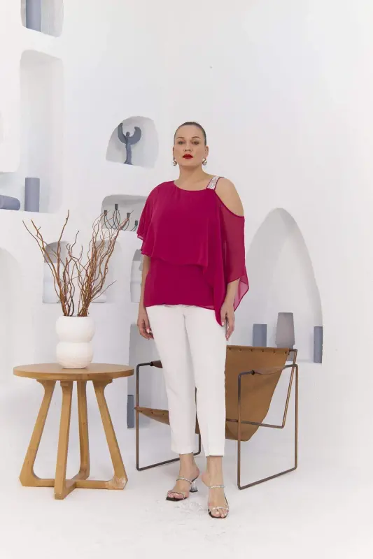 Shoulder Stone Detail Lined Chiffon Plus Size Blouse Fuchsia - 6