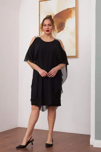 Shoulder Stone Detailed Chiffon Plus Size Black Dress - 1