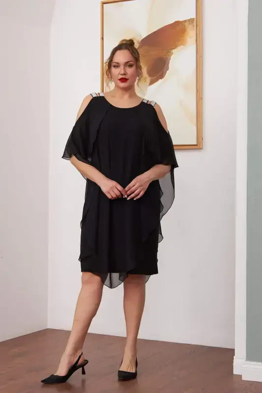 Shoulder Stone Detailed Chiffon Plus Size Black Dress - BÜYÜKBEDENIZ