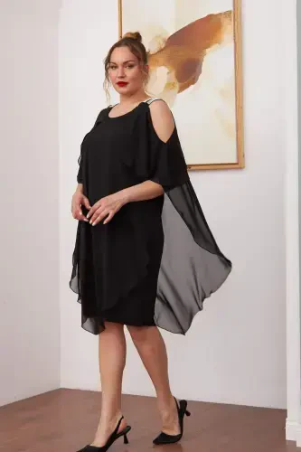 Shoulder Stone Detailed Chiffon Plus Size Black Dress - BÜYÜKBEDENIZ (1)