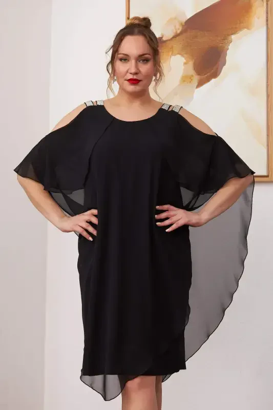 Shoulder Stone Detailed Chiffon Plus Size Black Dress - 3
