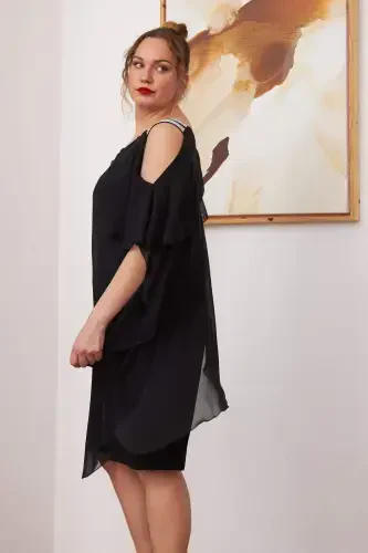 Shoulder Stone Detailed Chiffon Plus Size Black Dress - 4