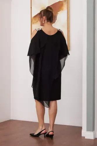 Shoulder Stone Detailed Chiffon Plus Size Black Dress - 5