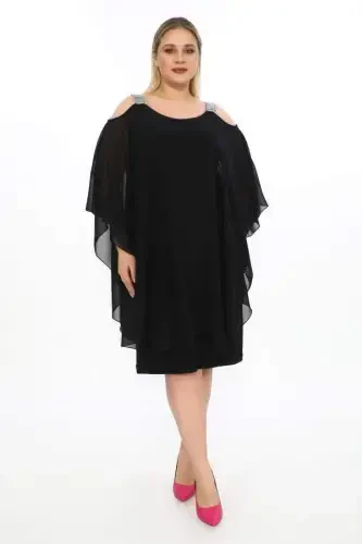 Shoulder Stone Detailed Chiffon Plus Size Black Dress KL - 1