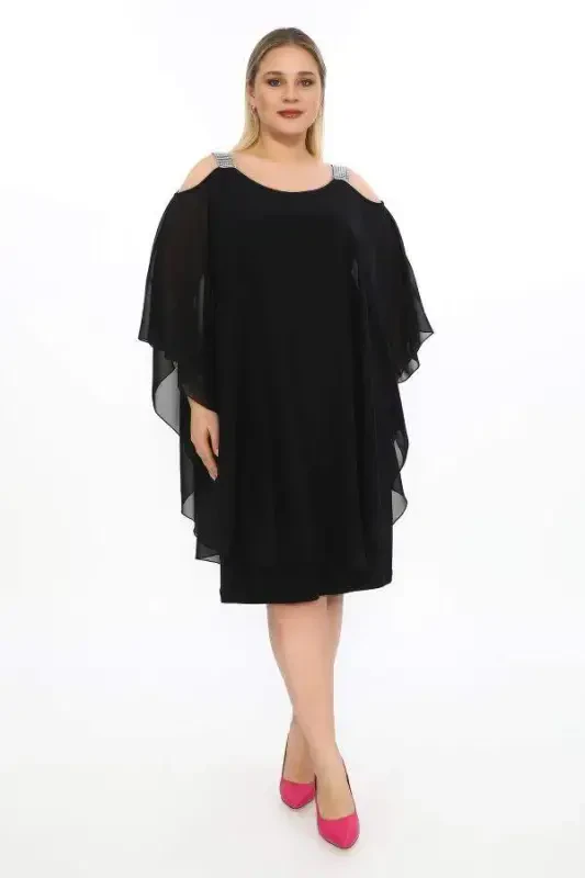 Shoulder Stone Detailed Chiffon Plus Size Black Dress KL - 1