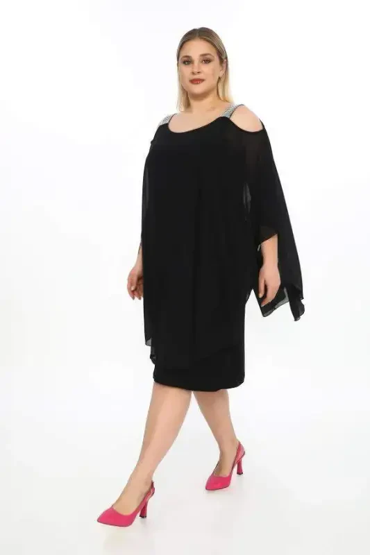 Shoulder Stone Detailed Chiffon Plus Size Black Dress KL - 2