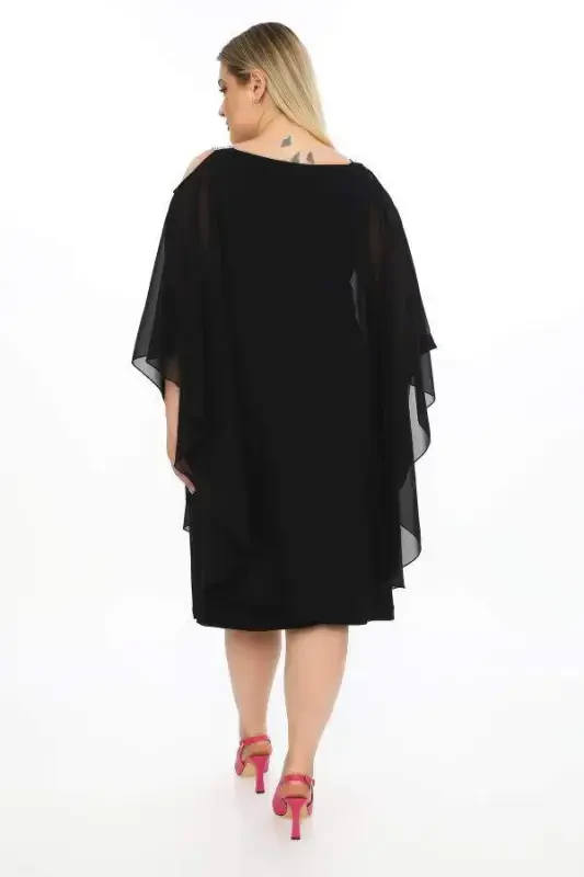 Shoulder Stone Detailed Chiffon Plus Size Black Dress KL - 3