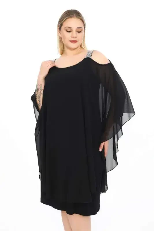 Shoulder Stone Detailed Chiffon Plus Size Black Dress KL - 4