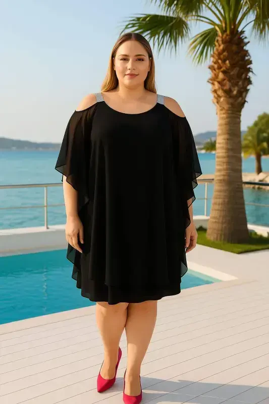 Shoulder Stone Detailed Chiffon Plus Size Black Dress KL - 6